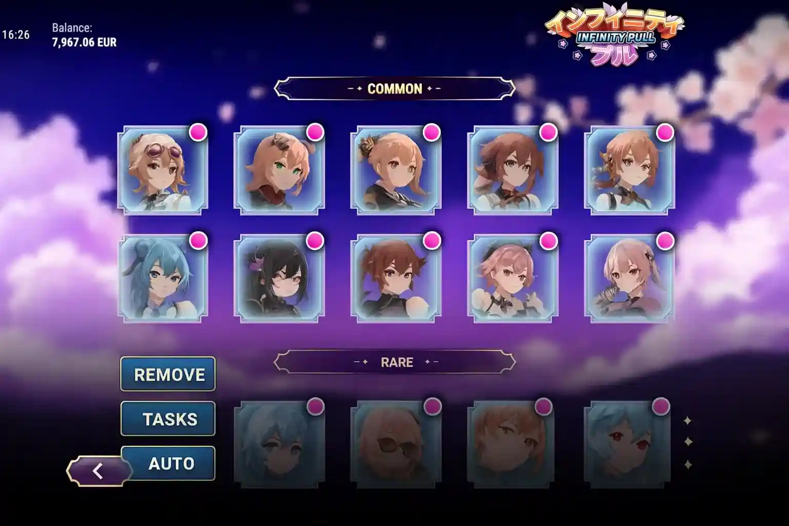 Infinity Pull Character Collection Screen Character collection screen in the Infinity Pull game, displaying a grid of unlocked anime character portraits. The characters are sorted by rarity, with sections for COMMON and RARE pulls.