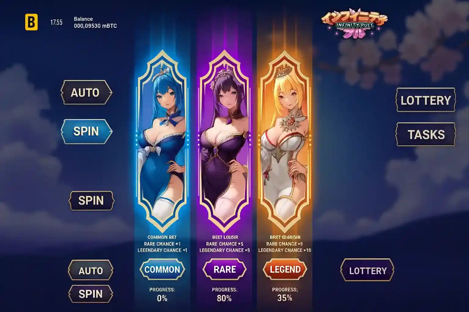 Infinity Pull Gacha Slot Machine Gameplay The gacha pull or slot machine interface for Infinity Pull. Three vertical reels show different anime characters, each labeled with a rarity: COMMON, RARE, and LEGEND. The player's balance is in mBTC.