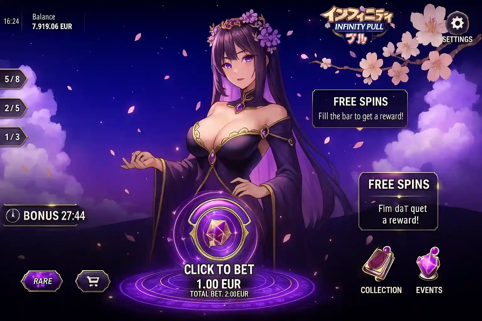 Infinity Pull Game Betting Interface The main betting screen of the Infinity Pull game. An elegant anime woman in a purple dress holds a glowing orb above the CLICK TO BET button. The UI displays the player's balance in EUR and a bonus timer.