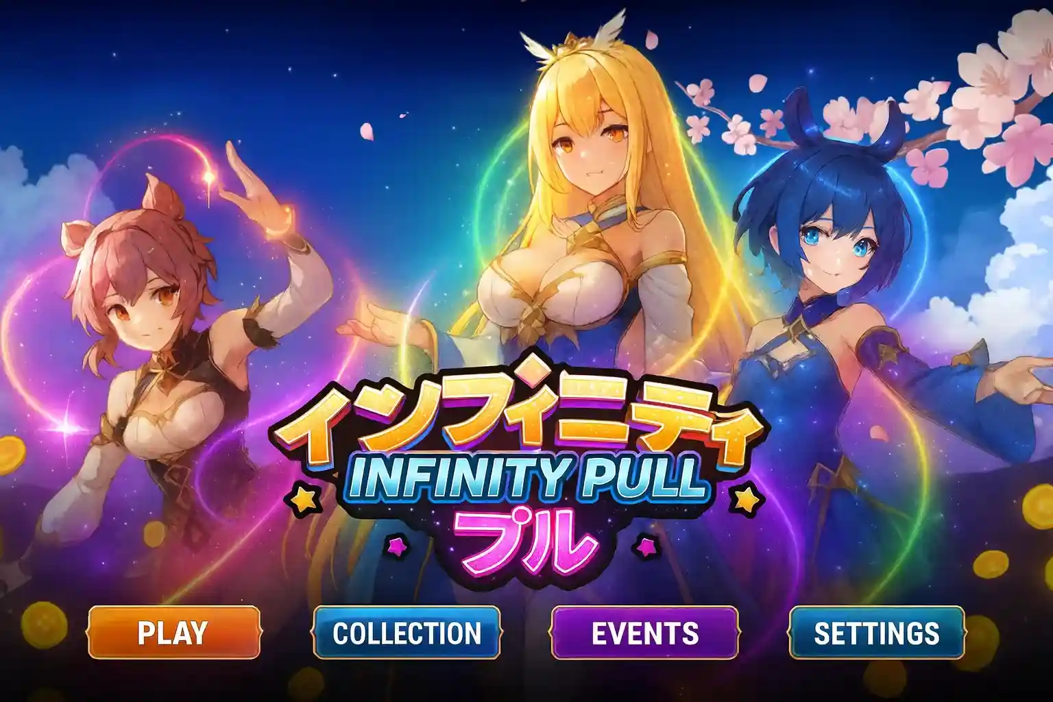 Infinity Pull Game Main Menu The main menu screen for the Infinity Pull game, featuring the three main anime heroines. At the bottom are the primary navigation buttons: PLAY, COLLECTION, EVENTS, and SETTINGS, inviting the player to start.