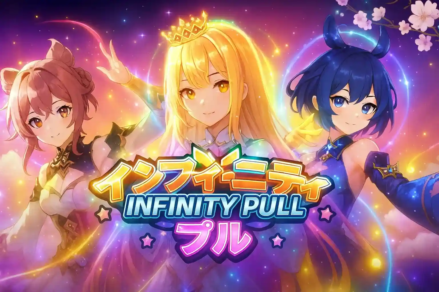 Promotional art for the game Infinity Pull, featuring three vibrant anime heroines. A blonde princess in the center is flanked by a pink-haired cat-girl and a blue-haired girl against a magical, starry background.